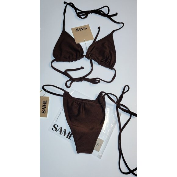 SAME Los Angeles Swim Bikini Set 2Pc Triangke Top High Weist Bottom Brown SZ S - Picture 3 of 5